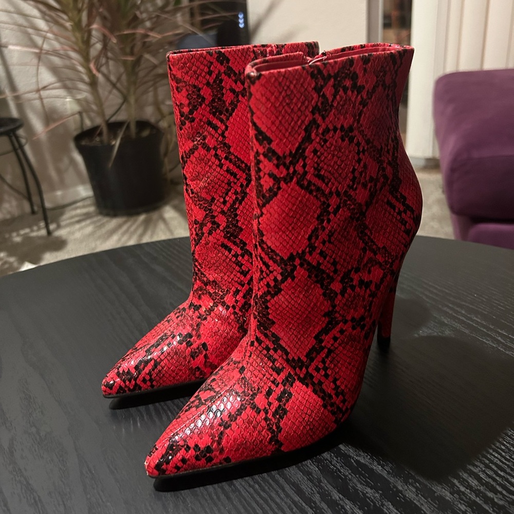 Red snakeskin booties